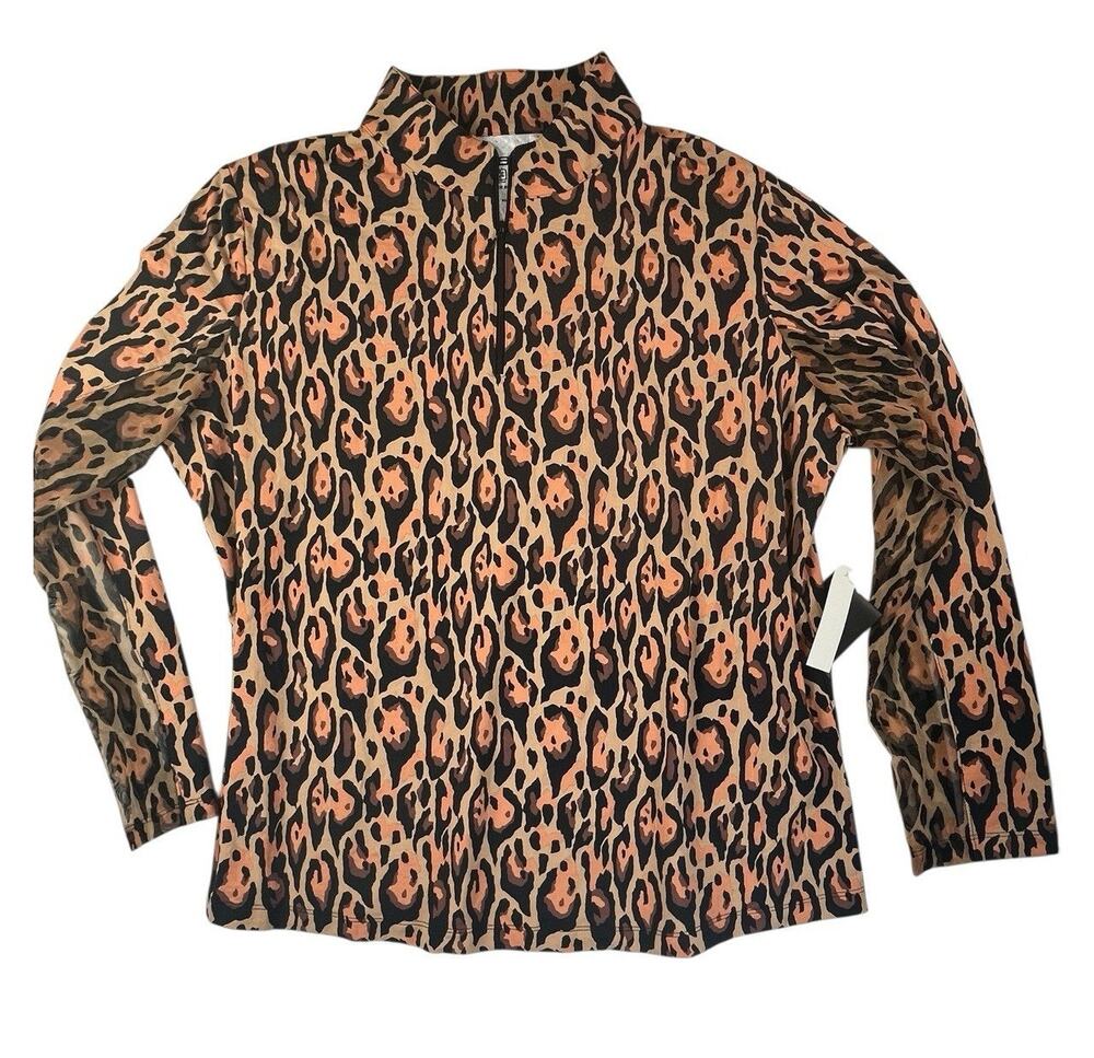 IBKUL Top Womens 2XL Leopard Long Sleeve Mock Neck Golf Shirt UPF 50 Athleisure
